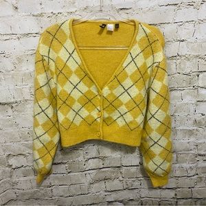 H&M Wool Blend Cropped Jacquard Knit Yellow Argyle Cardigan Sweater